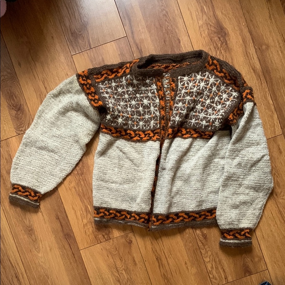 Cozy Knit Wool Cardigan with Orange and Brown Accents